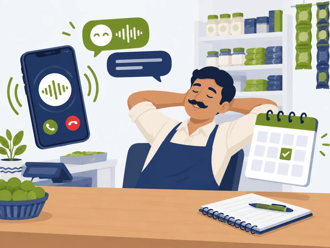 A relaxed shop owner while a phone assistant answers a call and books a slot on the calendar