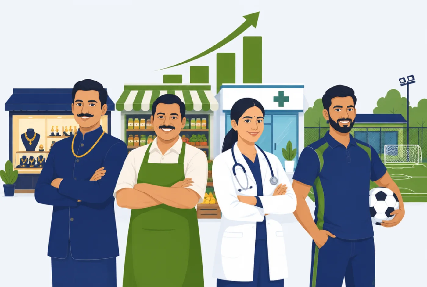 A jeweller, a grocery shop owner, a doctor and a turf manager standing together in front of their businesses