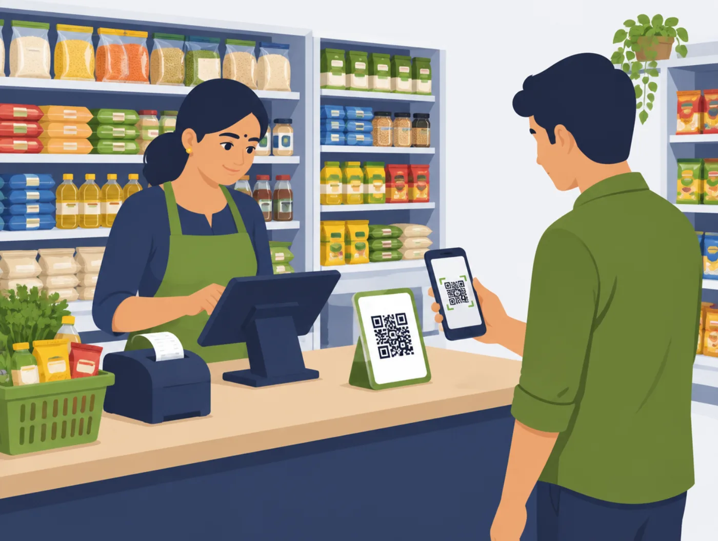 A shop cashier making a bill on a tablet while a customer pays by scanning a UPI QR code