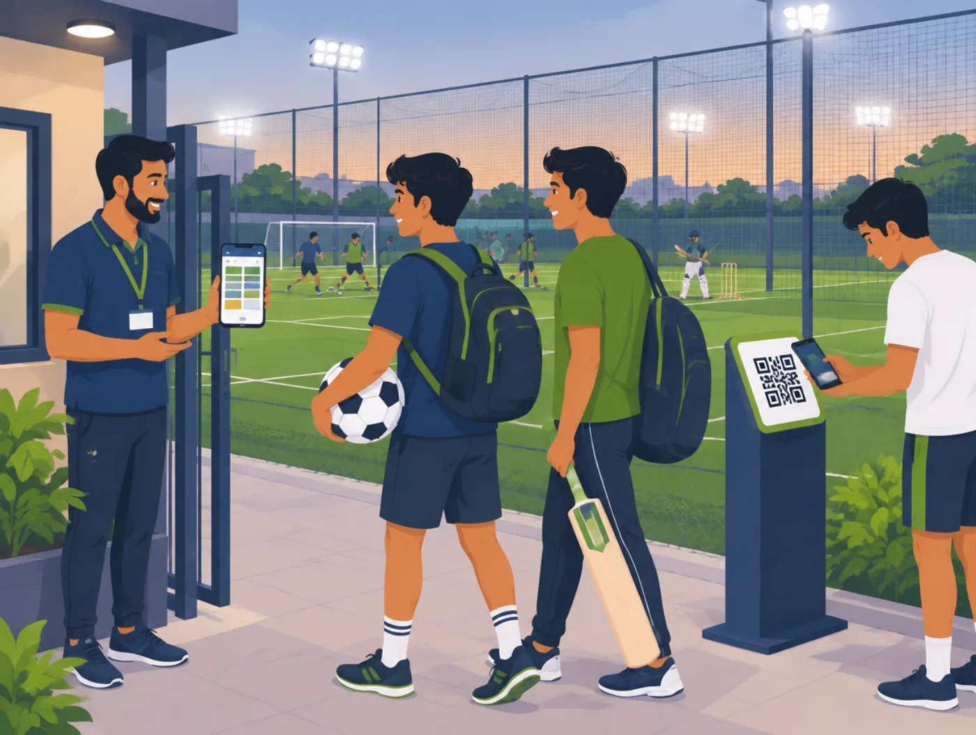 A turf manager checking the booking calendar on his phone while players arrive and one pays by scanning a UPI QR code